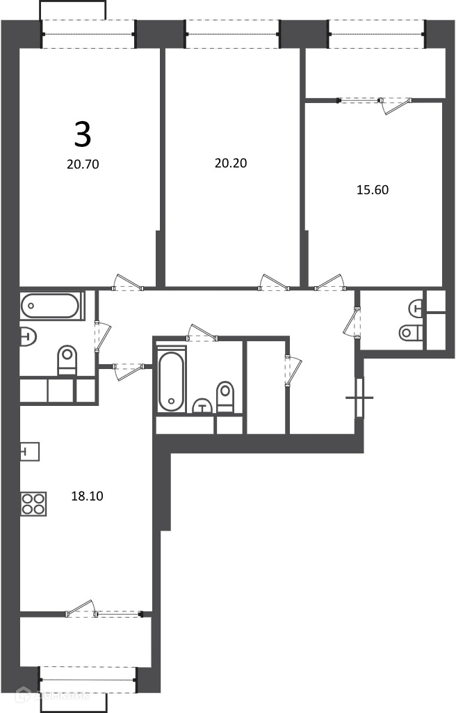 Планировка 3-комн. в ЖК «Клинская ул., д. 2А (Московские кварталы)»