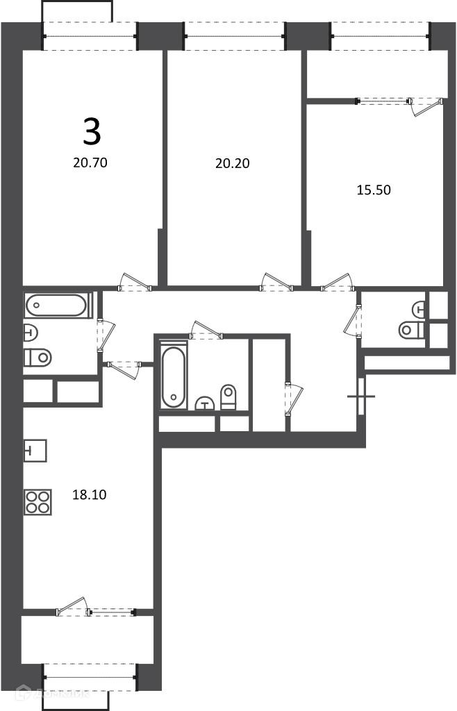 Планировка 3-комн. в ЖК «Клинская ул., д. 2А (Московские кварталы)»