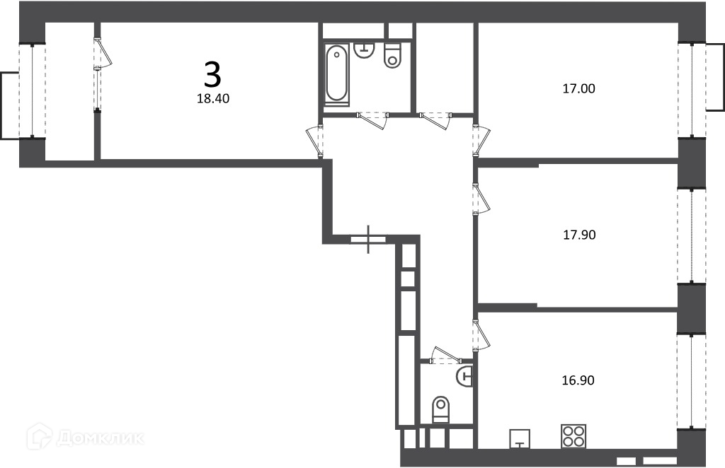 Планировка 3-комн. в ЖК «Клинская ул., д. 2А (Московские кварталы)»