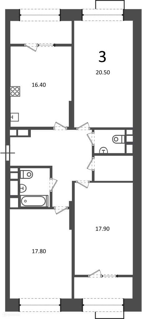 Планировка 3-комн. в ЖК «Клинская ул., д. 2А (Московские кварталы)»