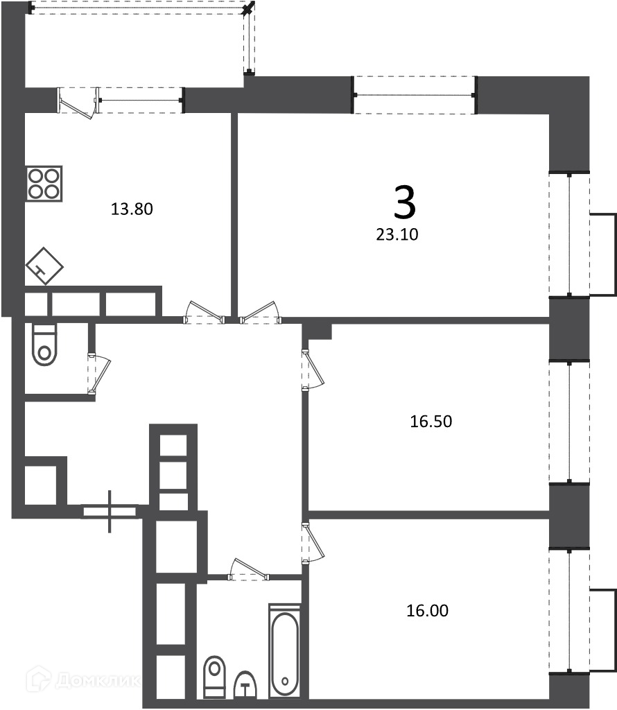 Планировка 3-комн. в ЖК «Клинская ул., д. 2А (Московские кварталы)»