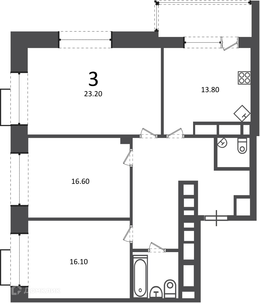 Планировка 3-комн. в ЖК «Клинская ул., д. 2А (Московские кварталы)»