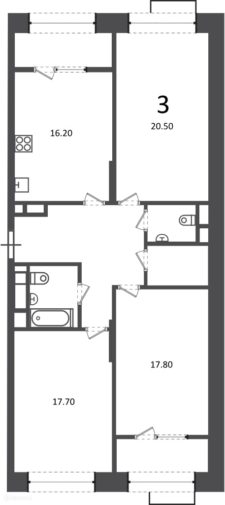 Планировка 3-комн. в ЖК «Клинская ул., д. 2А (Московские кварталы)»
