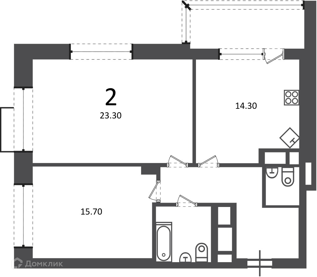 Планировка 2-комн. в ЖК «Клинская ул., д. 2А (Московские кварталы)»