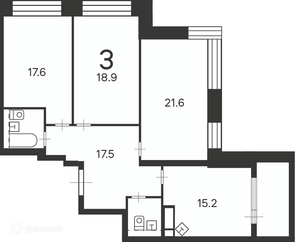 Планировка 3-комн. в ЖК «Клинская ул., д. 2А (Московские кварталы)»