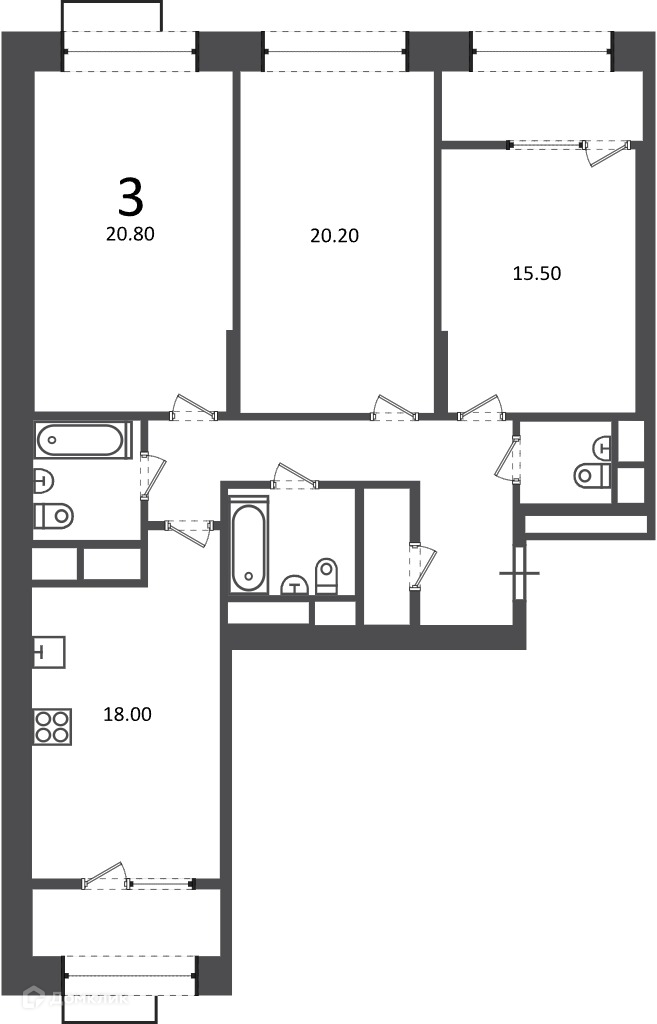 Планировка 3-комн. в ЖК «Клинская ул., д. 2А (Московские кварталы)»