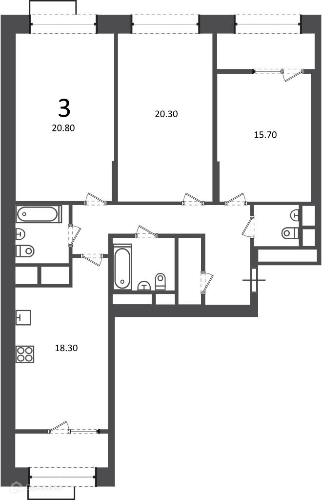 Планировка 3-комн. в ЖК «Клинская ул., д. 2А (Московские кварталы)»