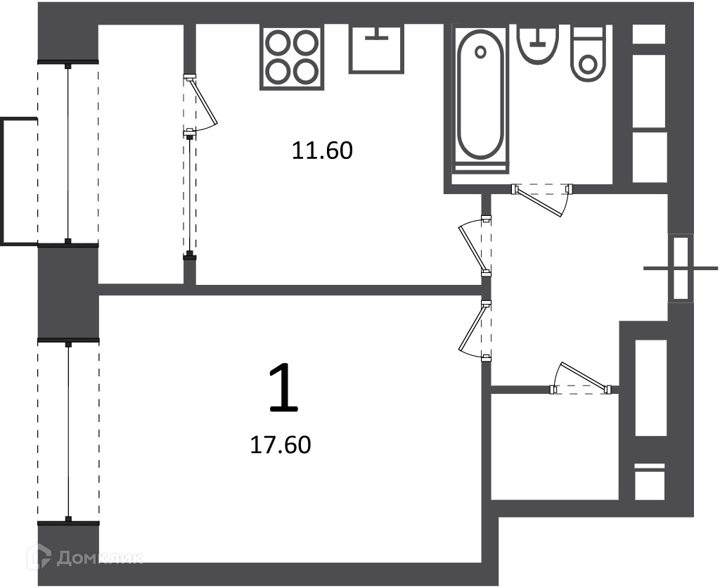 Планировка 1-комн. в ЖК «Клинская ул., д. 2А (Московские кварталы)»