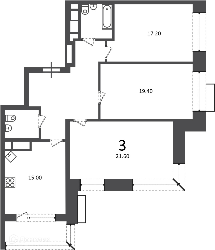 Планировка 3-комн. в ЖК «Клинская ул., д. 2А (Московские кварталы)»