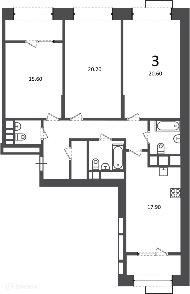 Планировка 3-комн. в ЖК «Клинская ул., д. 2А (Московские кварталы)»