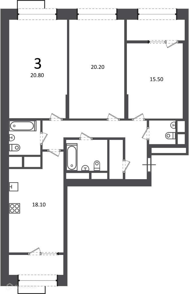 Планировка 3-комн. в ЖК «Клинская ул., д. 2А (Московские кварталы)»