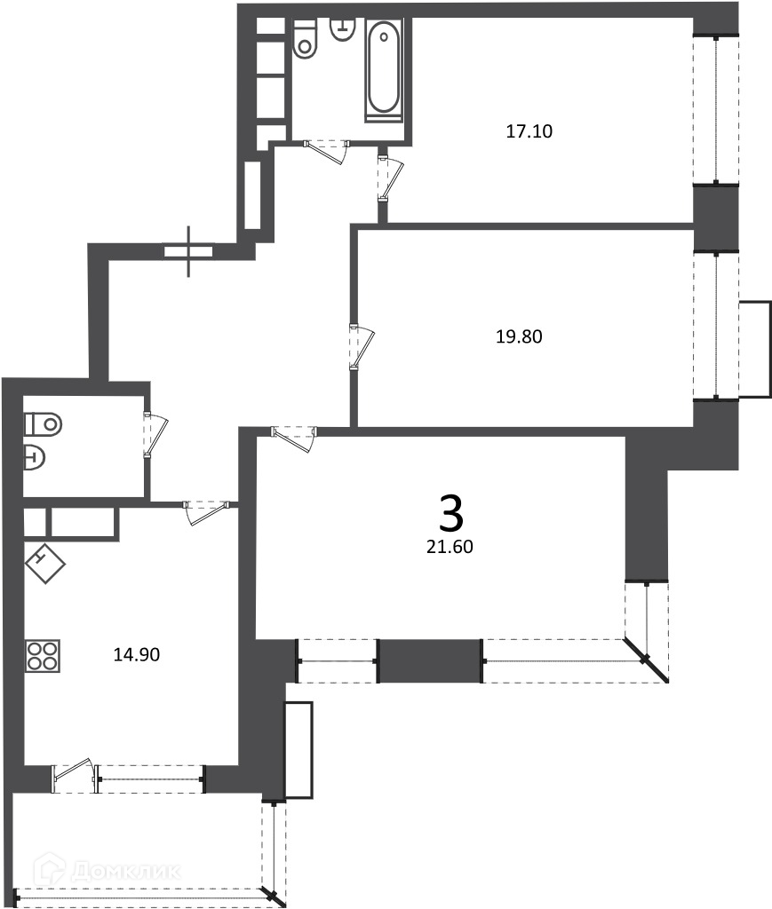 Планировка 3-комн. в ЖК «Клинская ул., д. 2А (Московские кварталы)»