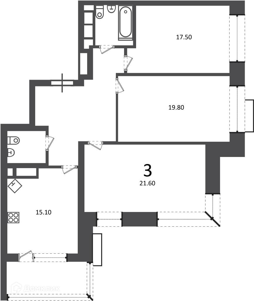 Планировка 3-комн. в ЖК «Клинская ул., д. 2А (Московские кварталы)»