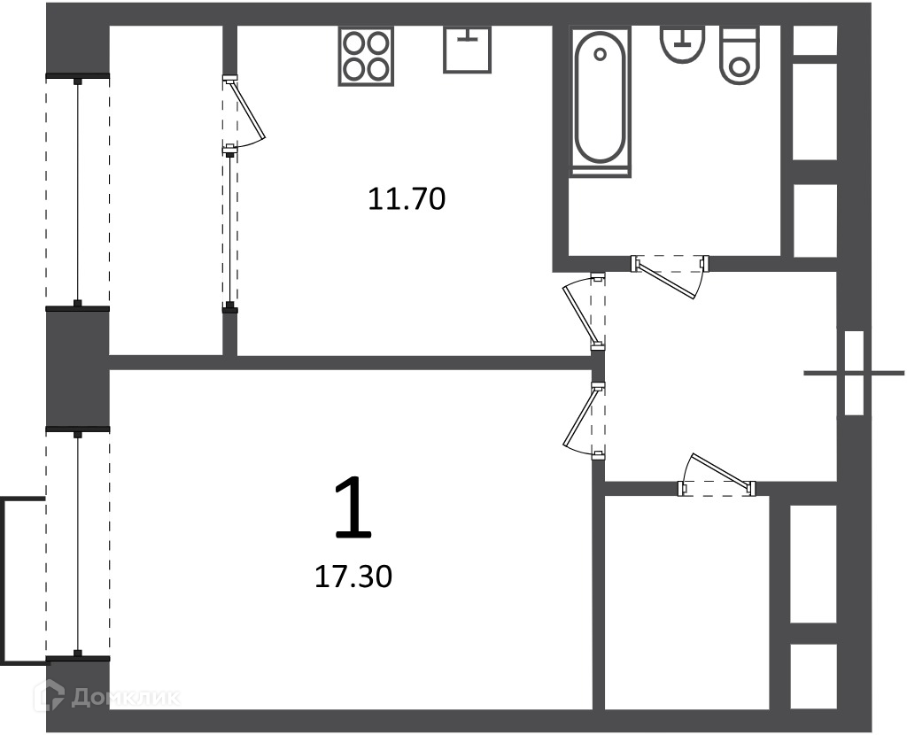 Планировка 1-комн. в ЖК «Клинская ул., д. 2А (Московские кварталы)»