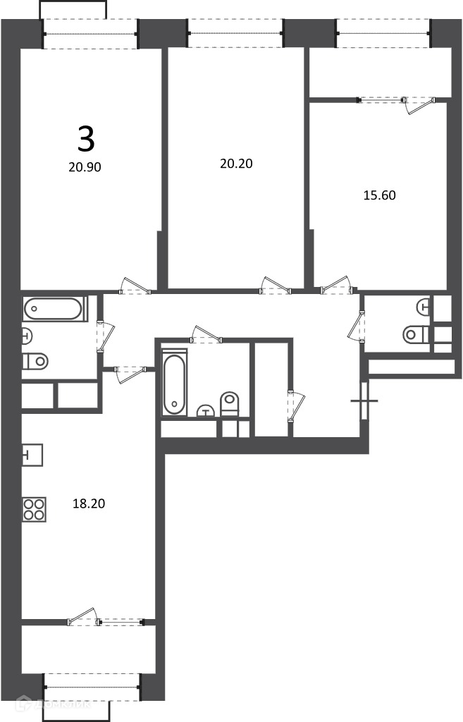 Планировка 3-комн. в ЖК «Клинская ул., д. 2А (Московские кварталы)»