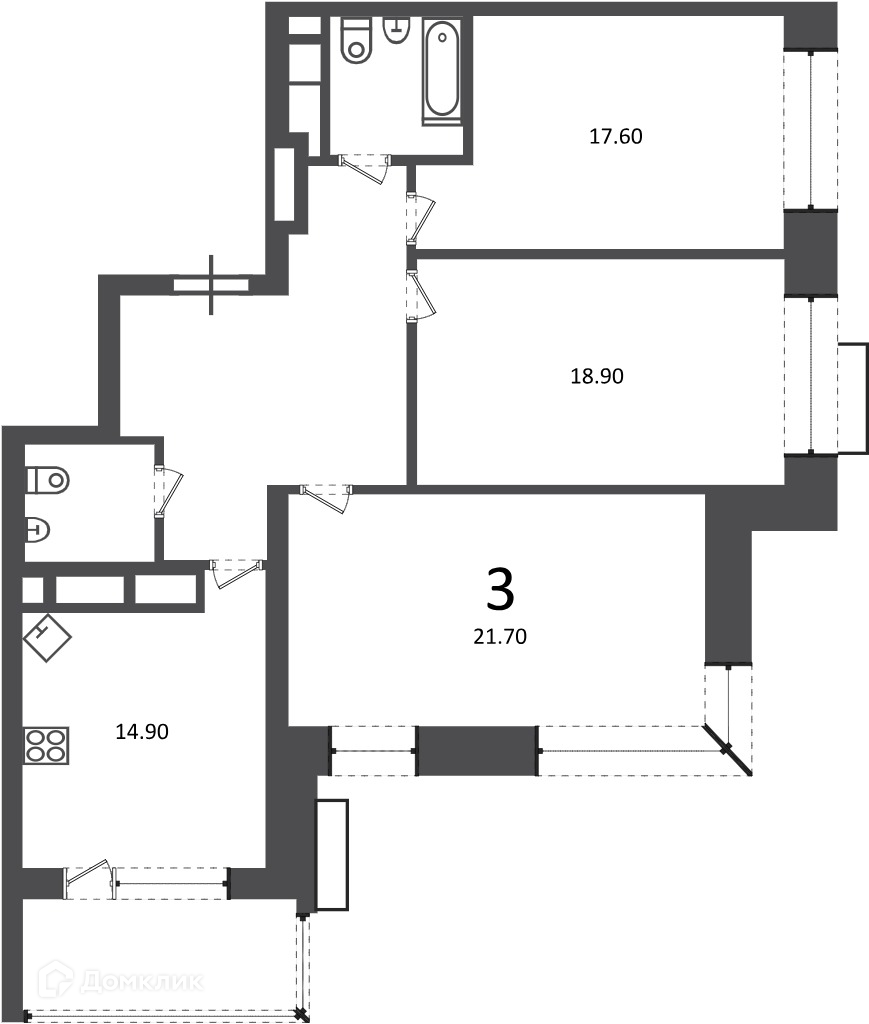 Планировка 3-комн. в ЖК «Клинская ул., д. 2А (Московские кварталы)»