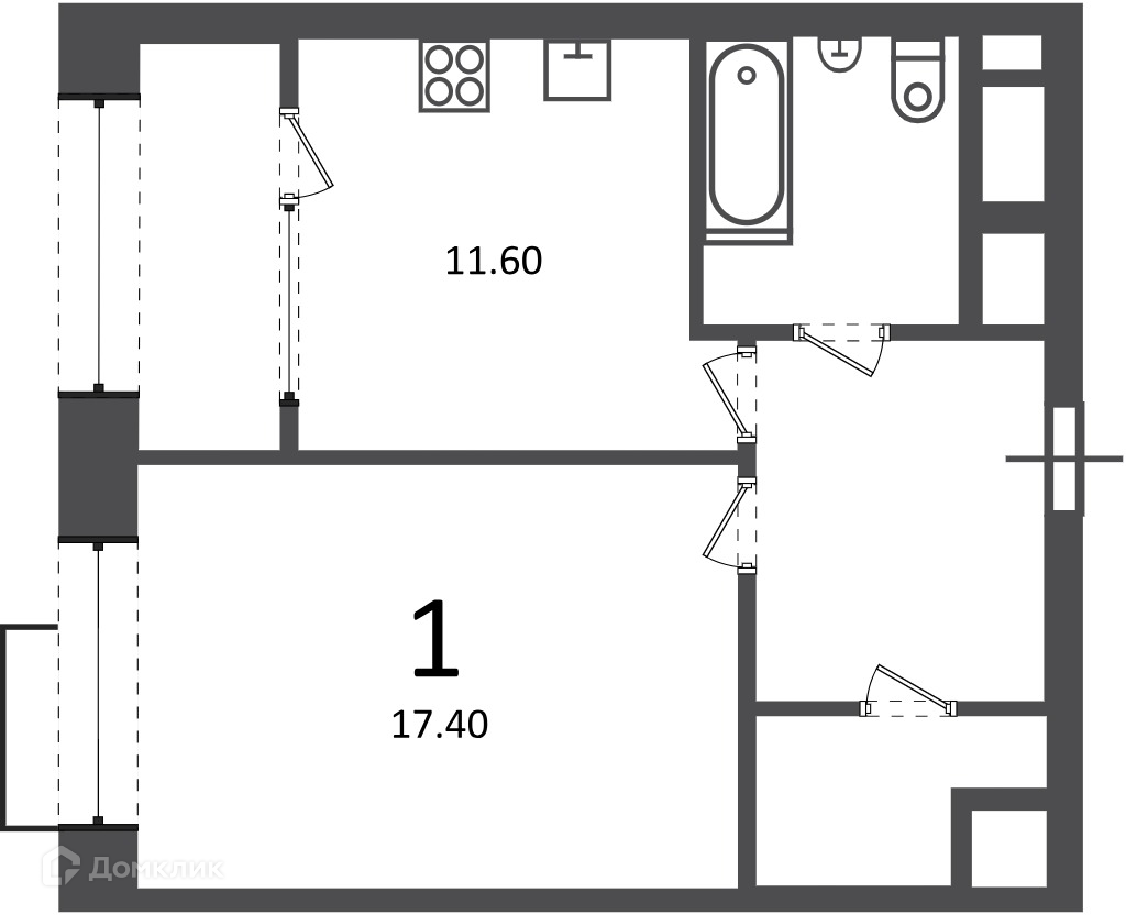 Планировка 1-комн. в ЖК «Клинская ул., д. 2А (Московские кварталы)»