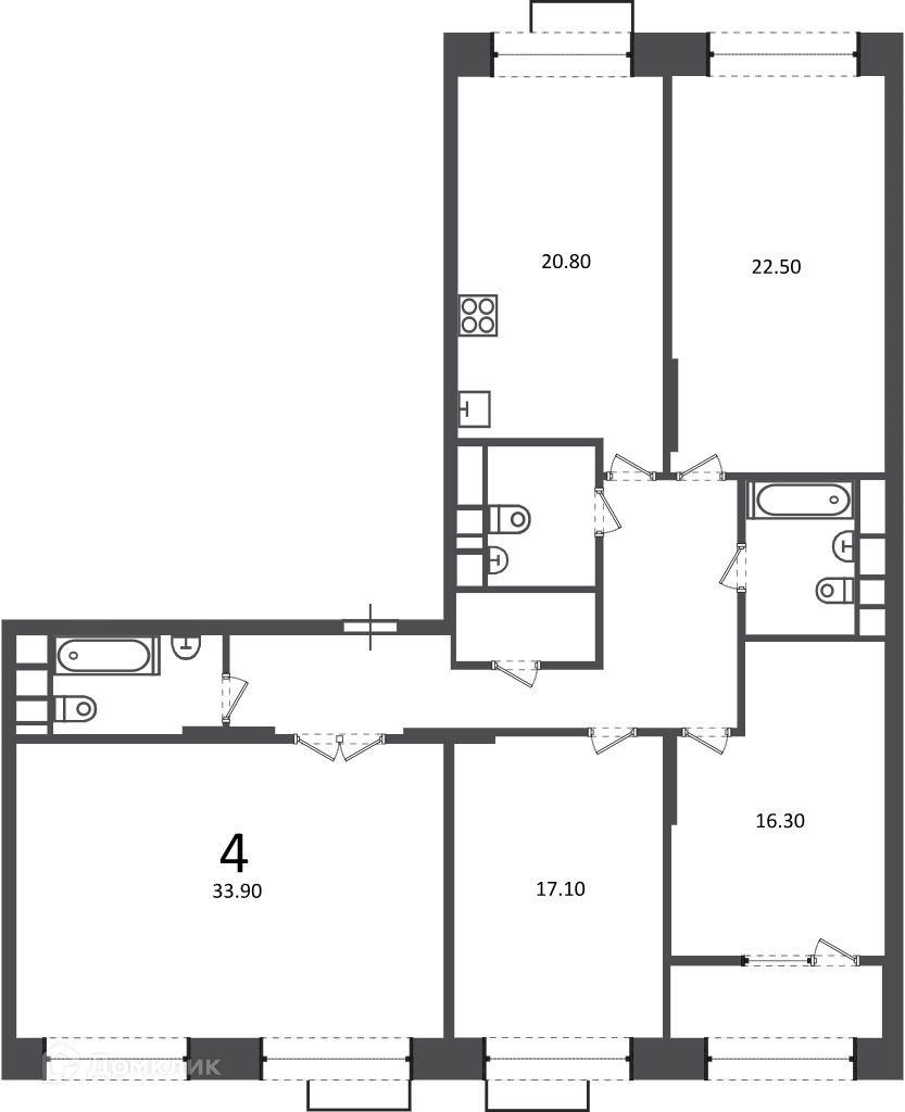 Планировка 4-комн. в ЖК «Клинская ул., д. 2А (Московские кварталы)»