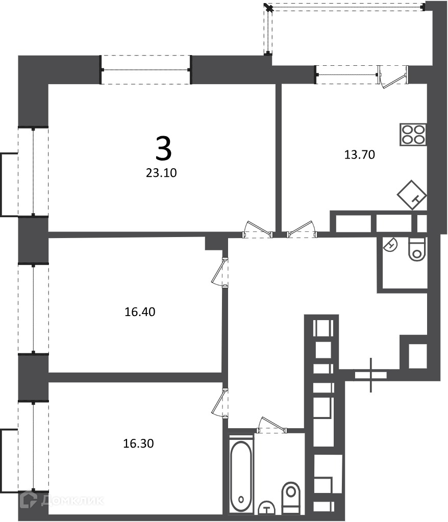 Планировка 3-комн. в ЖК «Клинская ул., д. 2А (Московские кварталы)»