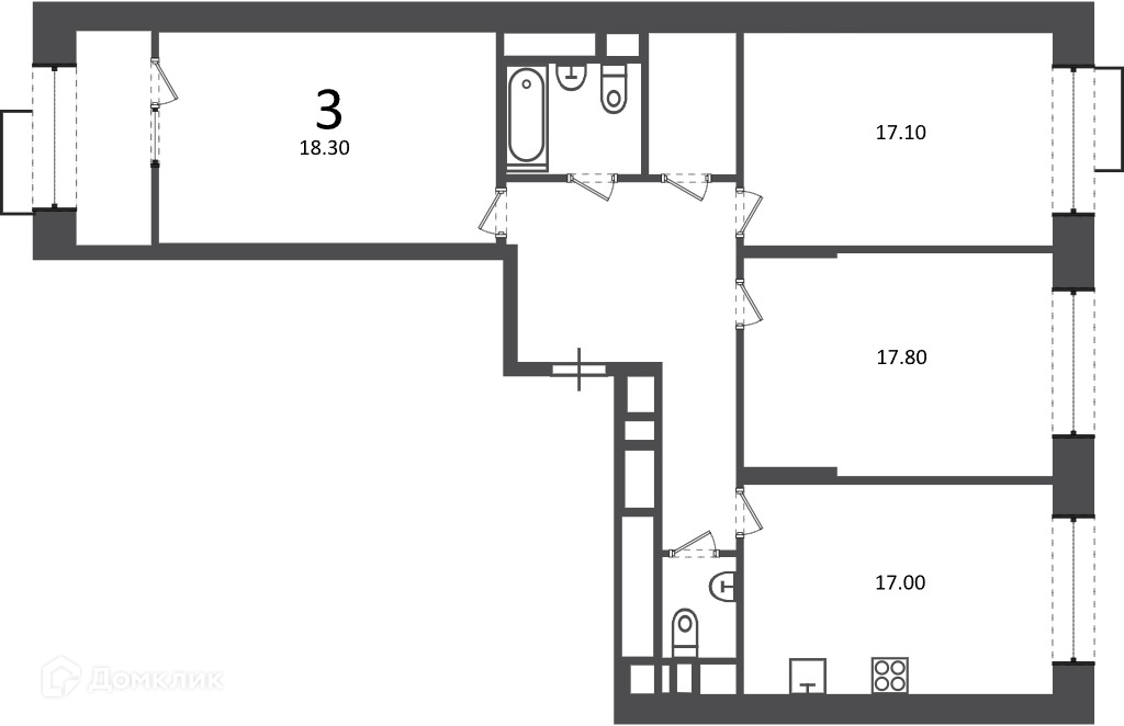 Планировка 3-комн. в ЖК «Клинская ул., д. 2А (Московские кварталы)»