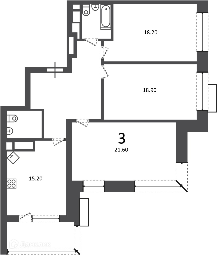 Планировка 3-комн. в ЖК «Клинская ул., д. 2А (Московские кварталы)»