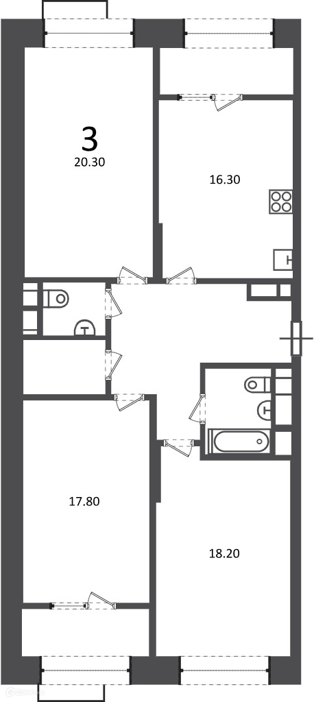 Планировка 3-комн. в ЖК «Клинская ул., д. 2А (Московские кварталы)»