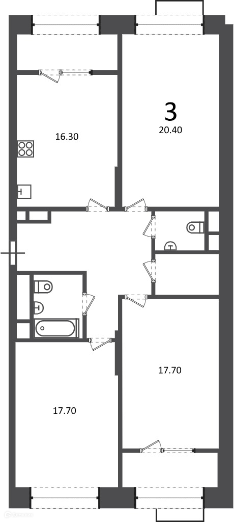 Планировка 3-комн. в ЖК «Клинская ул., д. 2А (Московские кварталы)»