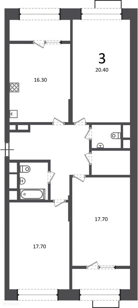 Планировка 3-комн. в ЖК «Клинская ул., д. 2А (Московские кварталы)»