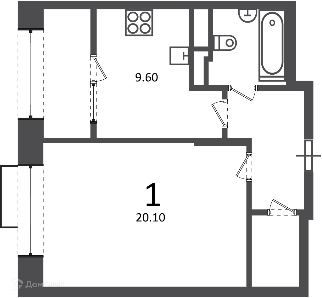 Планировка 1-комн. в ЖК «Клинская ул., д. 2А (Московские кварталы)»
