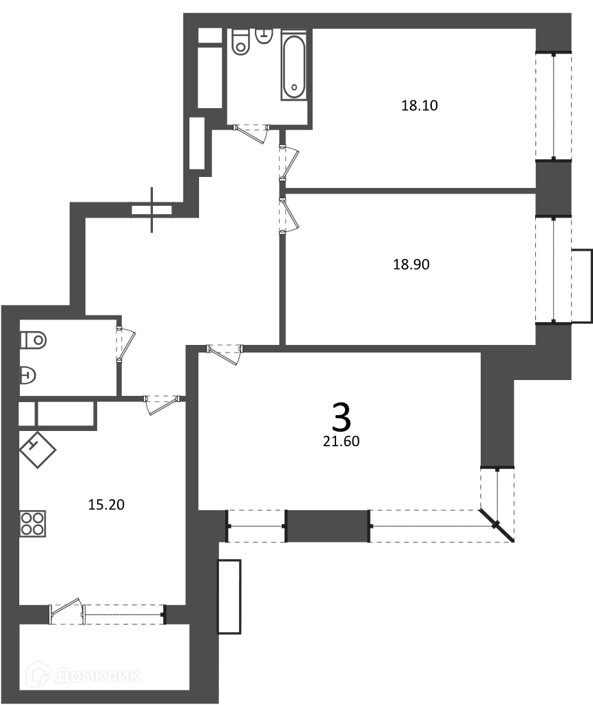 Планировка 3-комн. в ЖК «Клинская ул., д. 2А (Московские кварталы)»