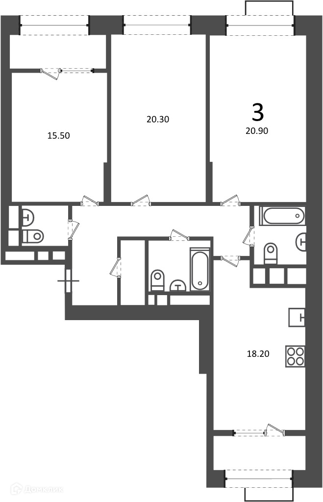 Планировка 3-комн. в ЖК «Клинская ул., д. 2А (Московские кварталы)»