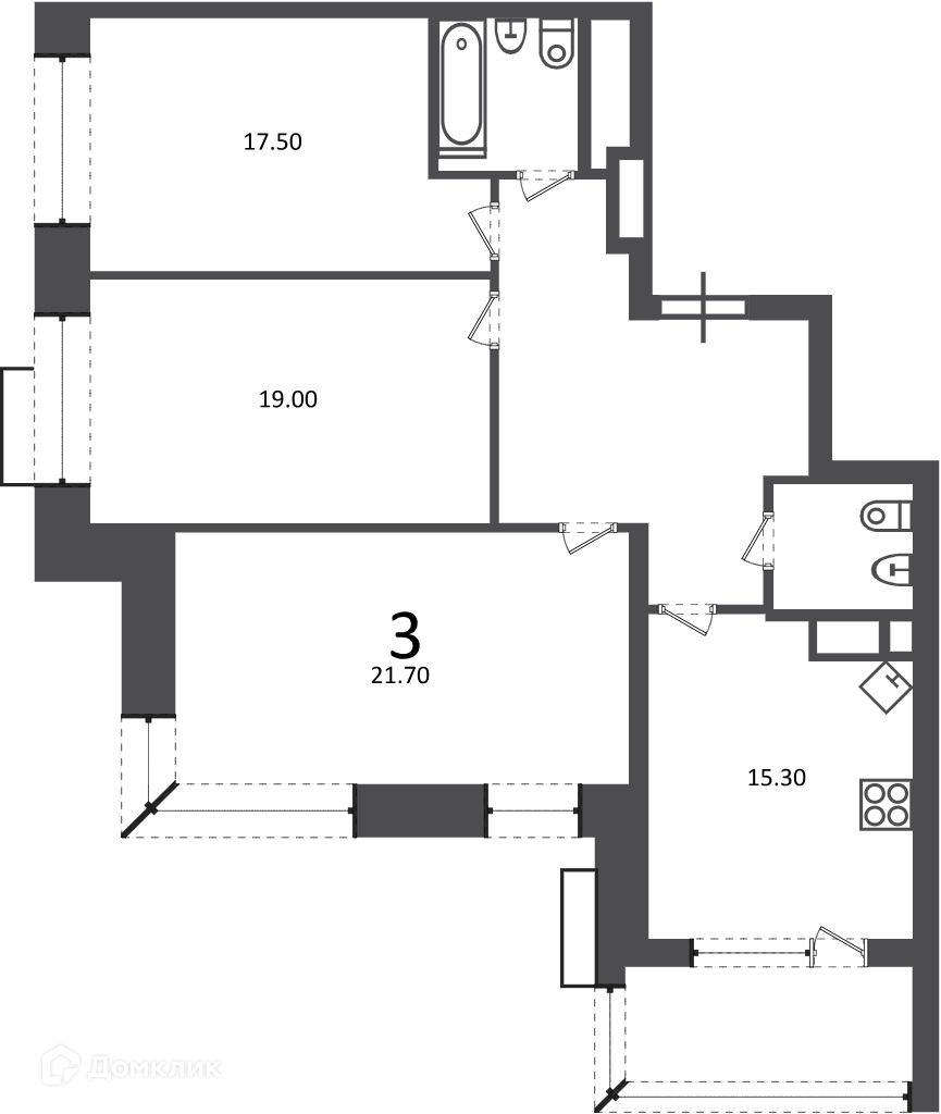 Планировка 3-комн. в ЖК «Клинская ул., д. 2А (Московские кварталы)»