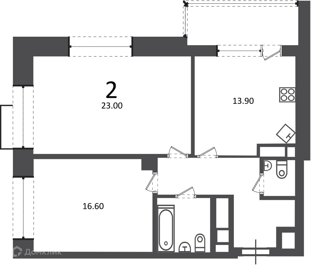 Планировка 2-комн. в ЖК «Клинская ул., д. 2А (Московские кварталы)»