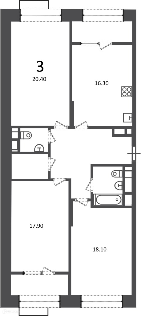 Планировка 3-комн. в ЖК «Клинская ул., д. 2А (Московские кварталы)»