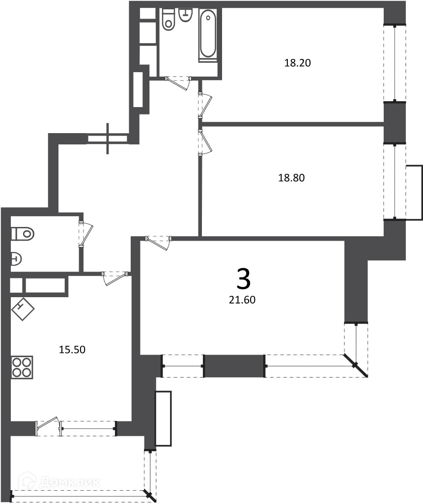 Планировка 3-комн. в ЖК «Клинская ул., д. 2А (Московские кварталы)»
