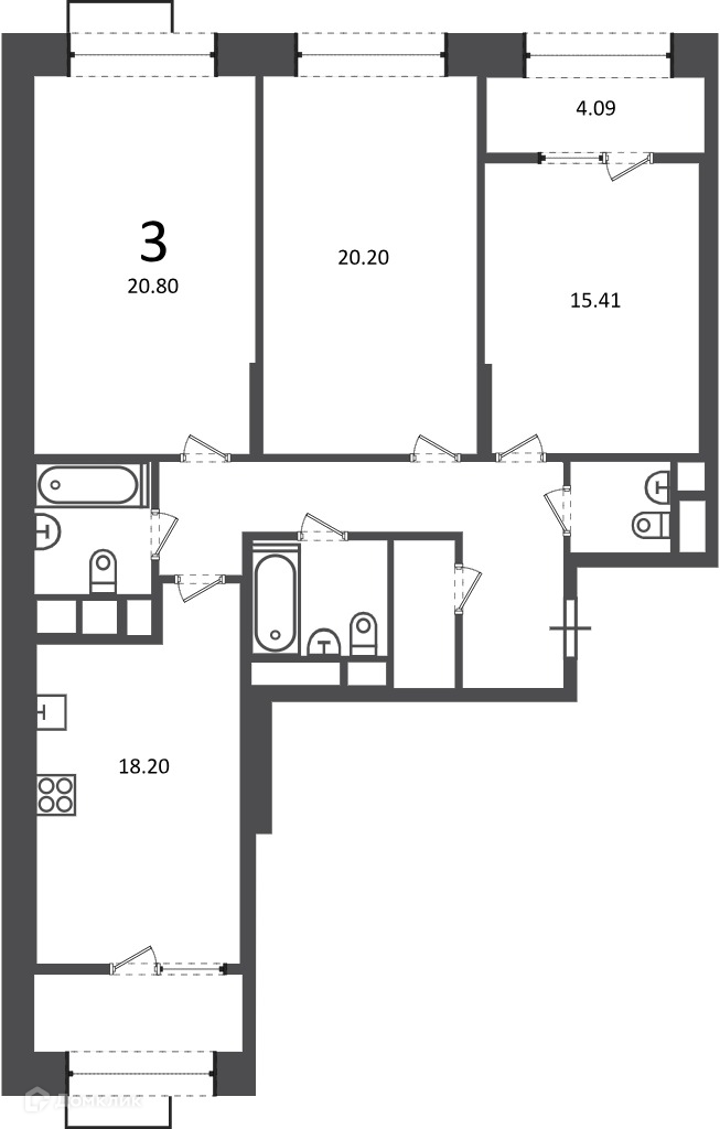 Планировка 3-комн. в ЖК «Клинская ул., д. 2А (Московские кварталы)»
