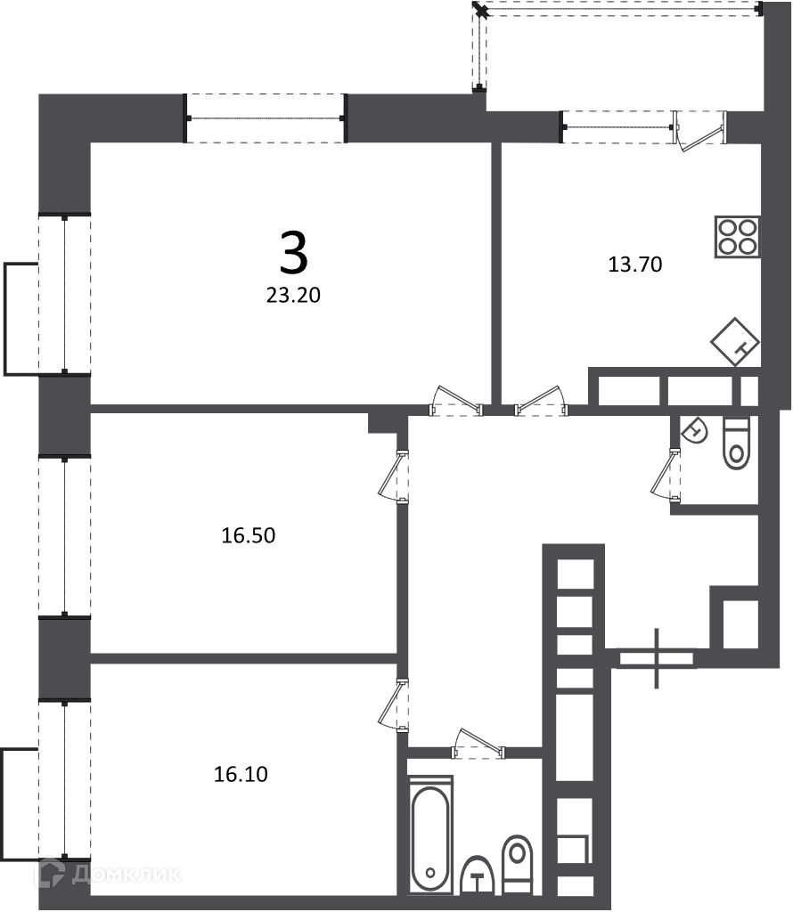 Планировка 3-комн. в ЖК «Клинская ул., д. 2А (Московские кварталы)»