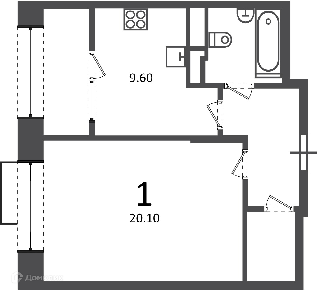 Планировка 1-комн. в ЖК «Клинская ул., д. 2А (Московские кварталы)»