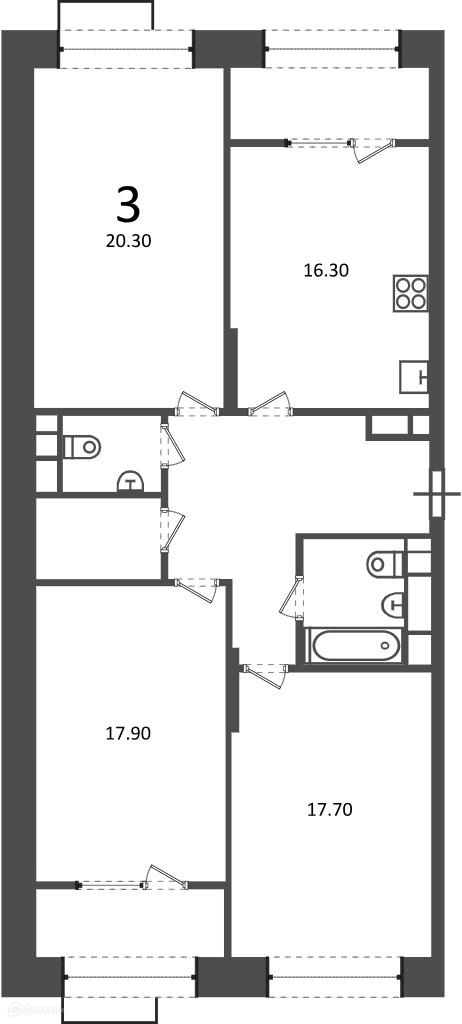 Планировка 3-комн. в ЖК «Клинская ул., д. 2А (Московские кварталы)»
