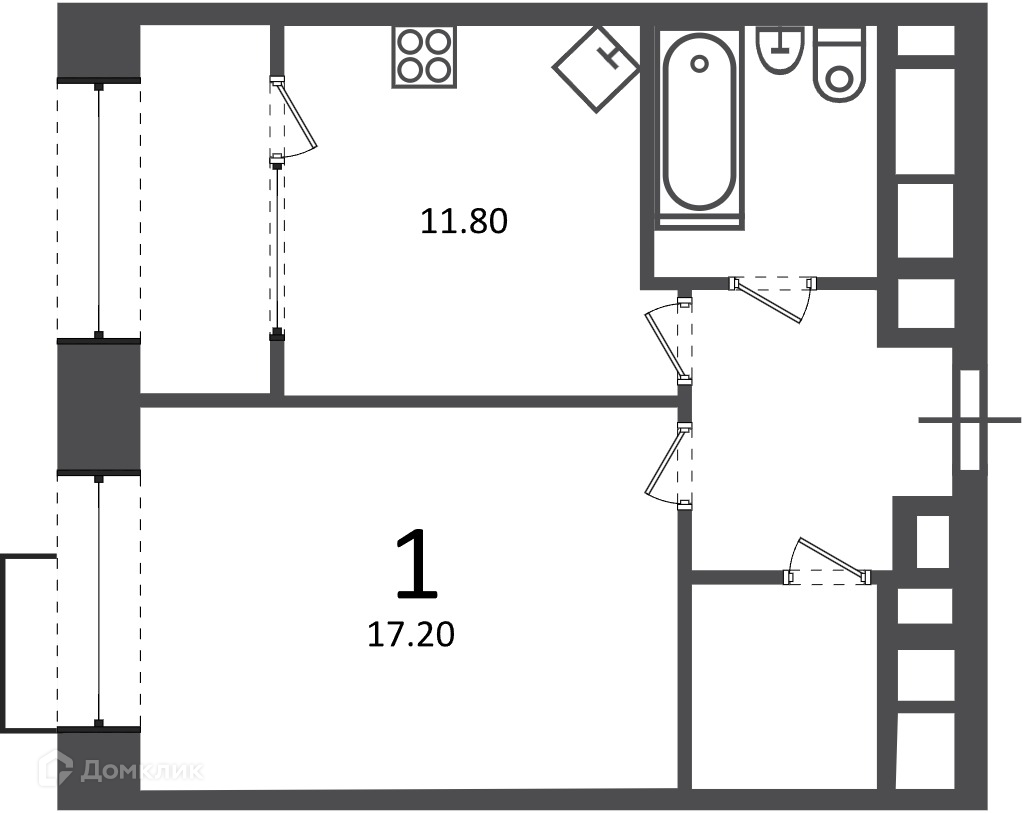 Планировка 1-комн. в ЖК «Клинская ул., д. 2А (Московские кварталы)»