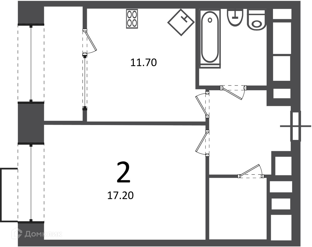 Планировка 1-комн. в ЖК «Клинская ул., д. 2А (Московские кварталы)»