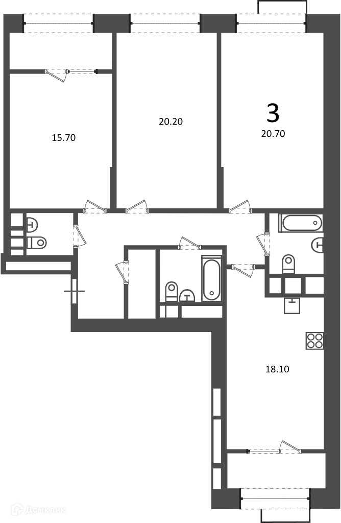 Планировка 3-комн. в ЖК «Клинская ул., д. 2А (Московские кварталы)»