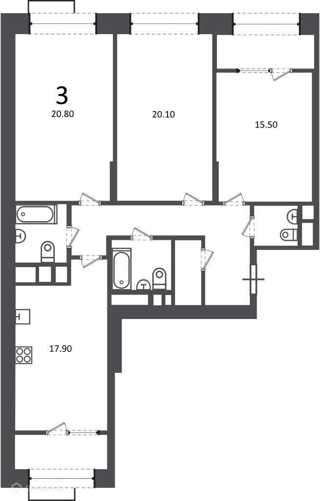 Планировка 3-комн. в ЖК «Клинская ул., д. 2А (Московские кварталы)»