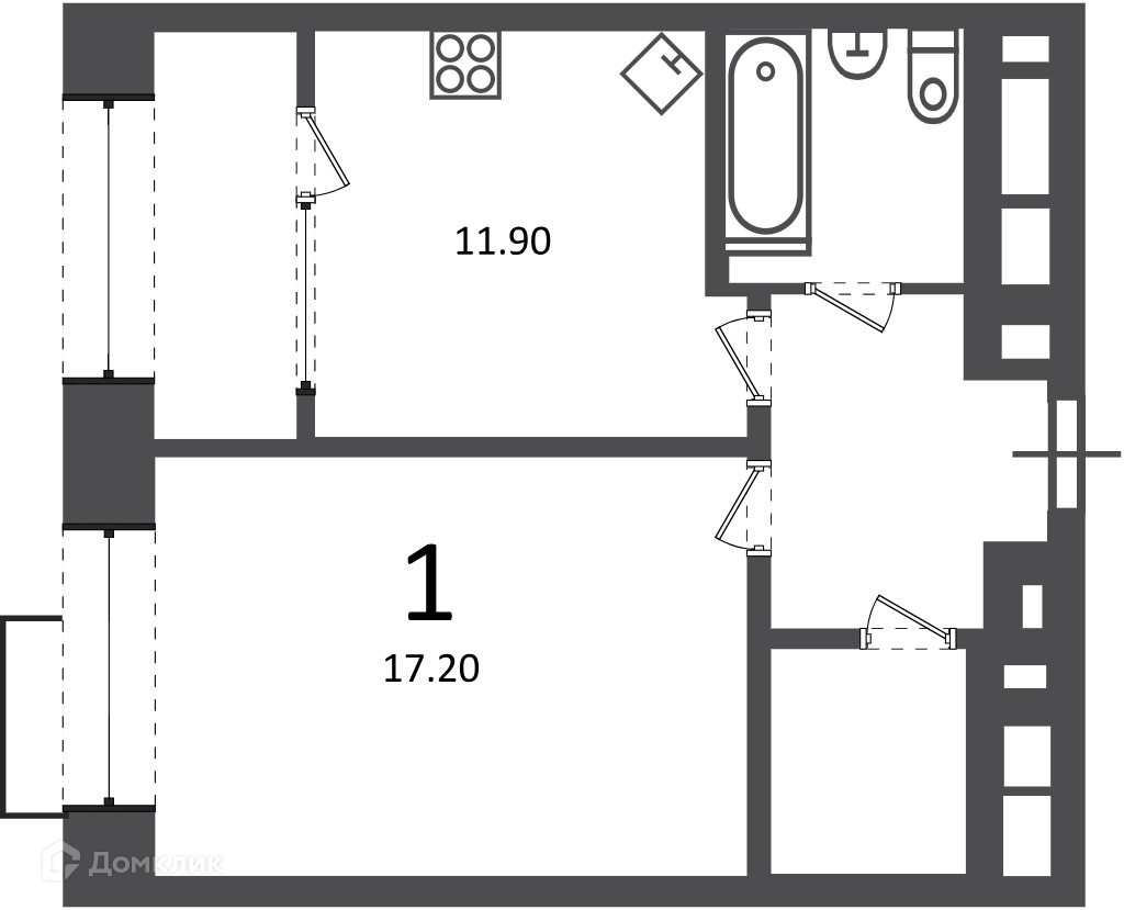 Планировка 1-комн. в ЖК «Клинская ул., д. 2А (Московские кварталы)»
