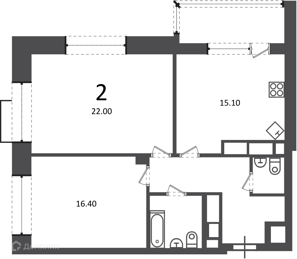 Планировка 2-комн. в ЖК «Клинская ул., д. 2А (Московские кварталы)»