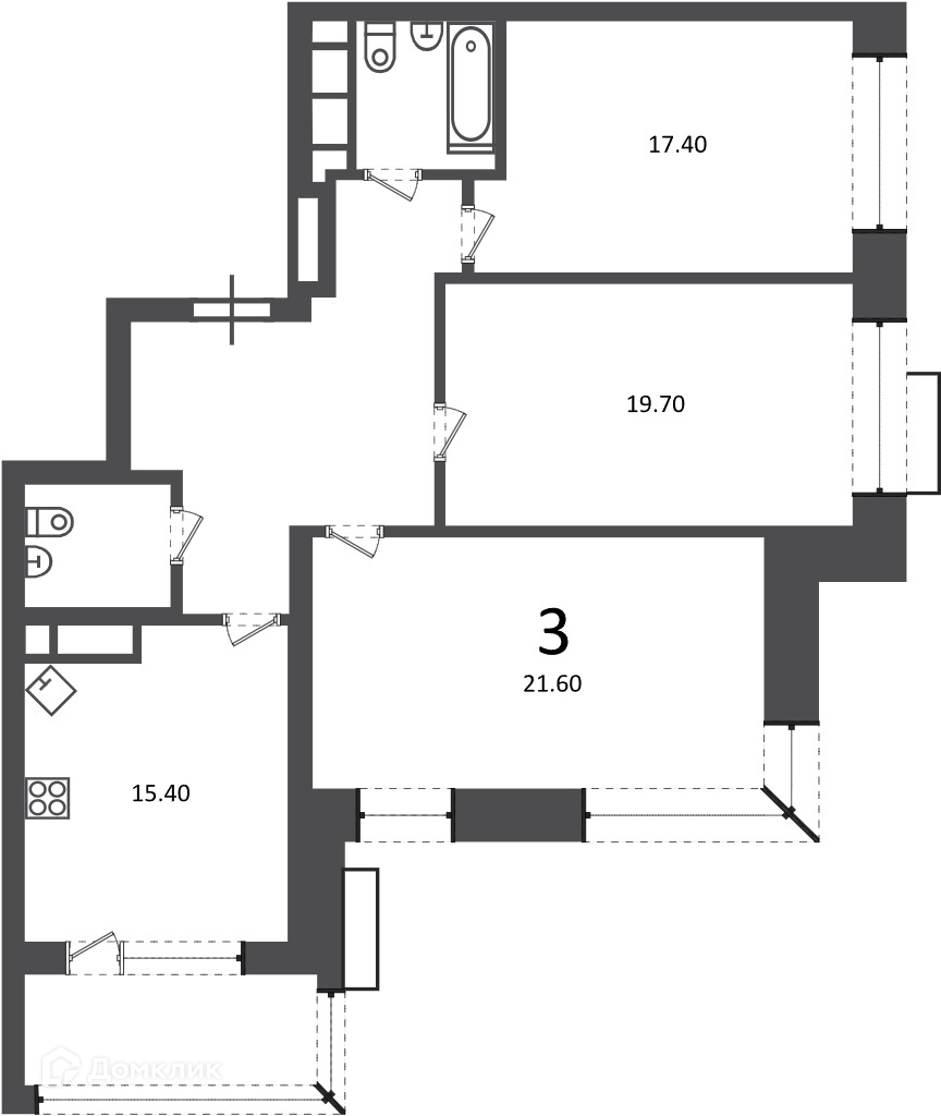 Планировка 3-комн. в ЖК «Клинская ул., д. 2А (Московские кварталы)»