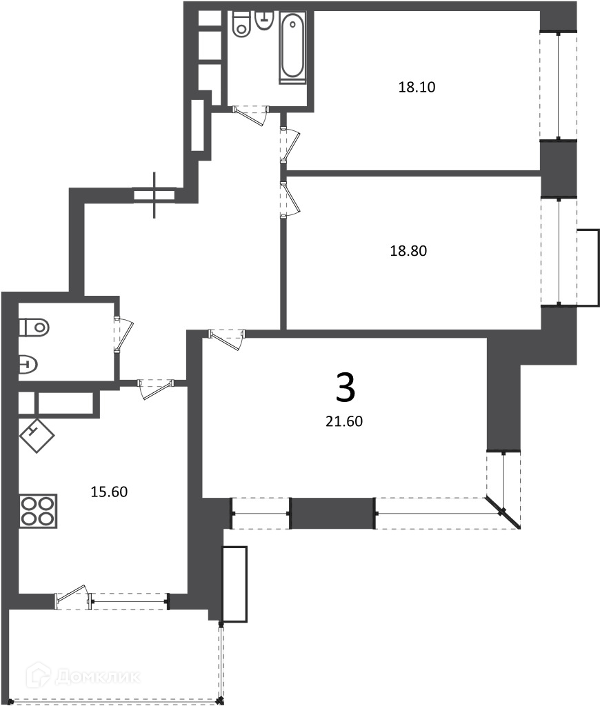 Планировка 3-комн. в ЖК «Клинская ул., д. 2А (Московские кварталы)»