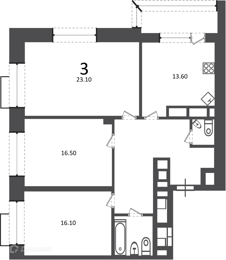 Планировка 3-комн. в ЖК «Клинская ул., д. 2А (Московские кварталы)»