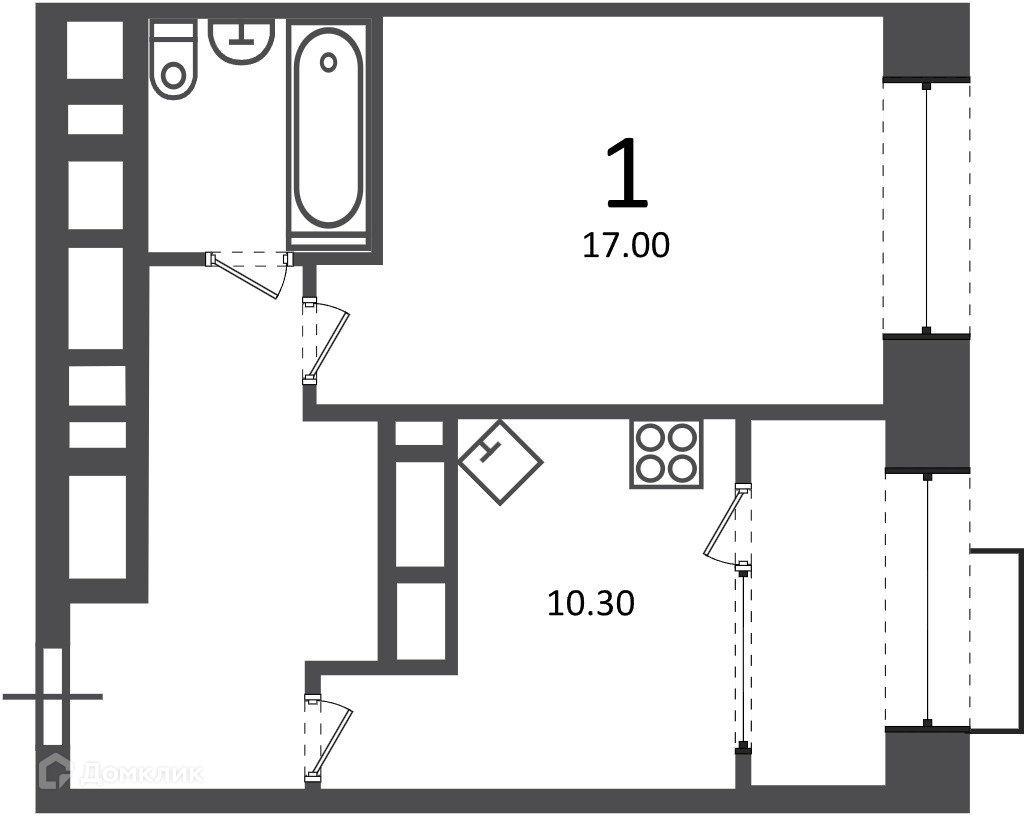 Планировка 1-комн. в ЖК «Клинская ул., д. 2А (Московские кварталы)»