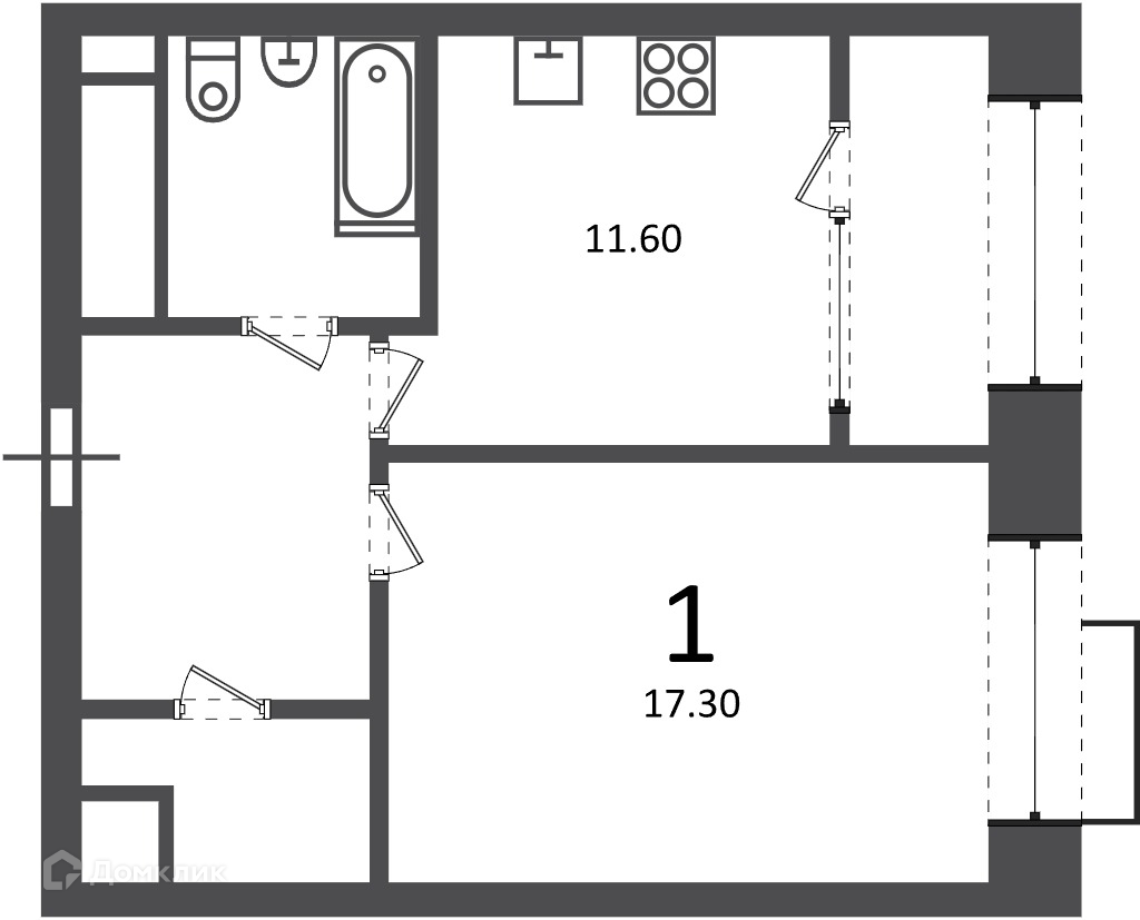 Планировка 1-комн. в ЖК «Клинская ул., д. 2А (Московские кварталы)»